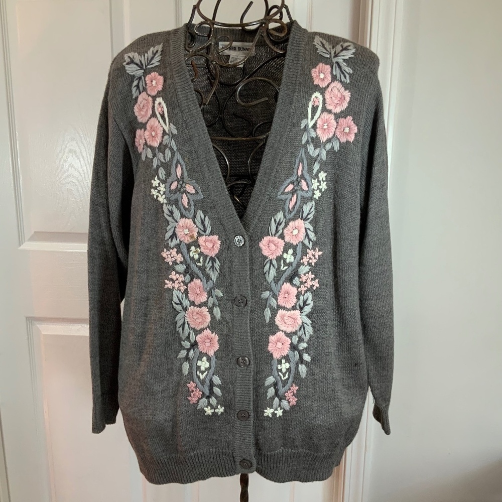 Alfred Dunner Embroidered Vintage 90s Floral Wool Cardigan Size L